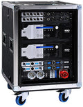 NEXO NUAR universal amplifier rack with NXAMP controllers in a wheeled rack case