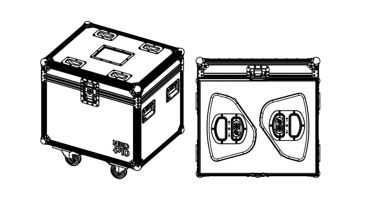 NEXO PNT-2CASE10 flight case for two P10 speakers, closed and seen from above open, line drawing