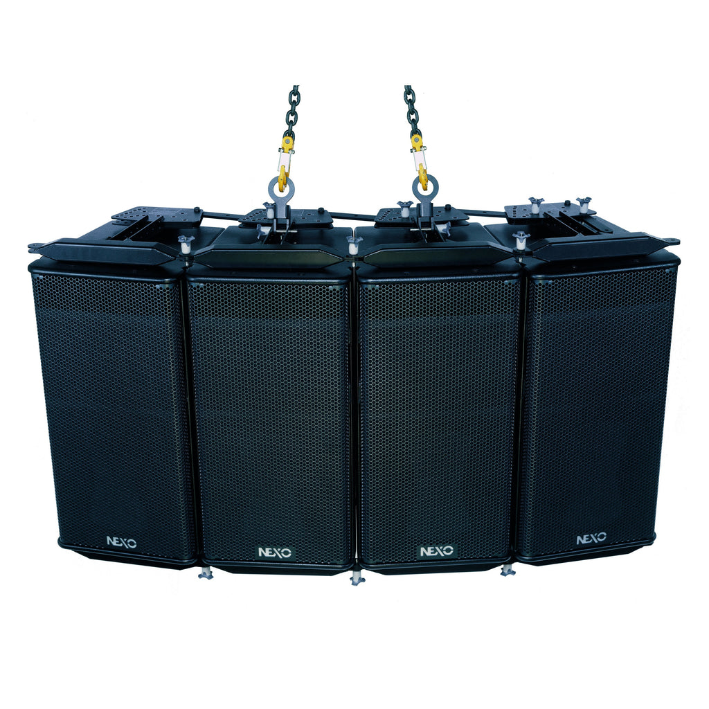 Four NEXO GEO S12 modules flown as a horizontal array from chain hoists