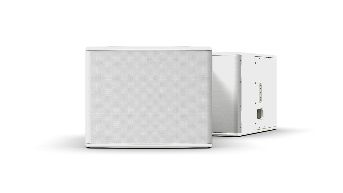 NEXO L15 compact horn-loaded subwoofer in white, front and angled views