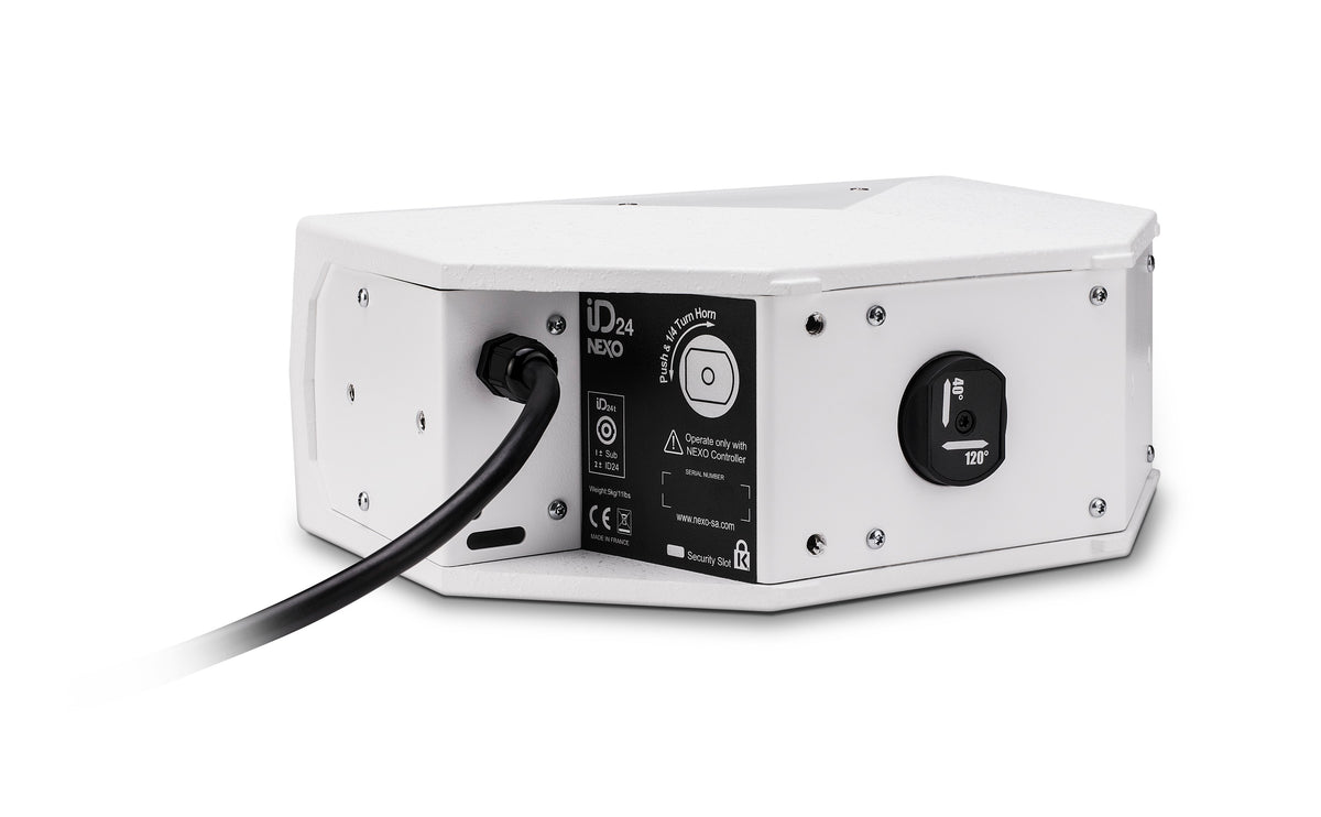 NEXO ID24 compact speaker, installation version in white, rear view with cable gland