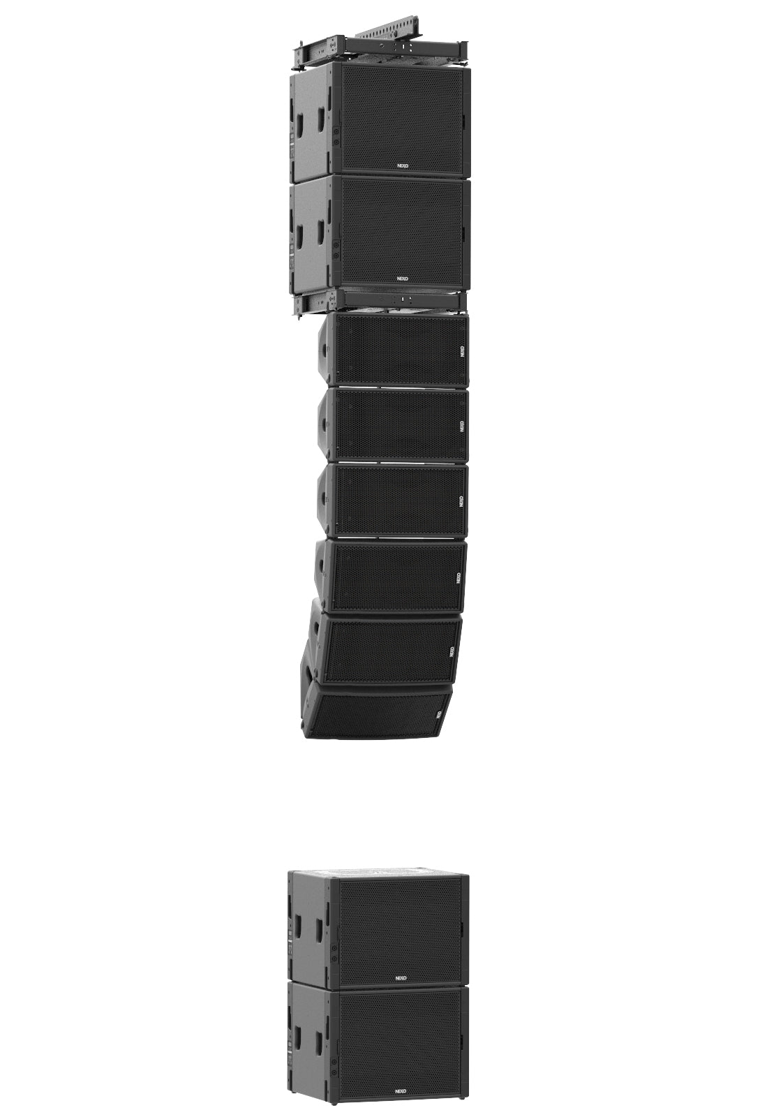 Flown NEXO GEO M10 line array with an MSUB15 subwoofer on the floor