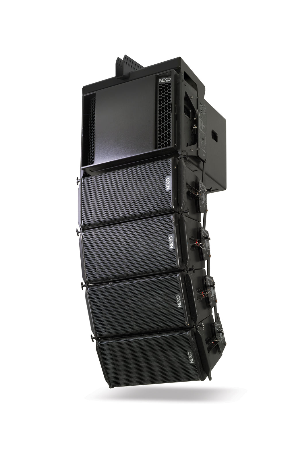 Flown NEXO array combining an LS18 subwoofer with GEO S12 modules