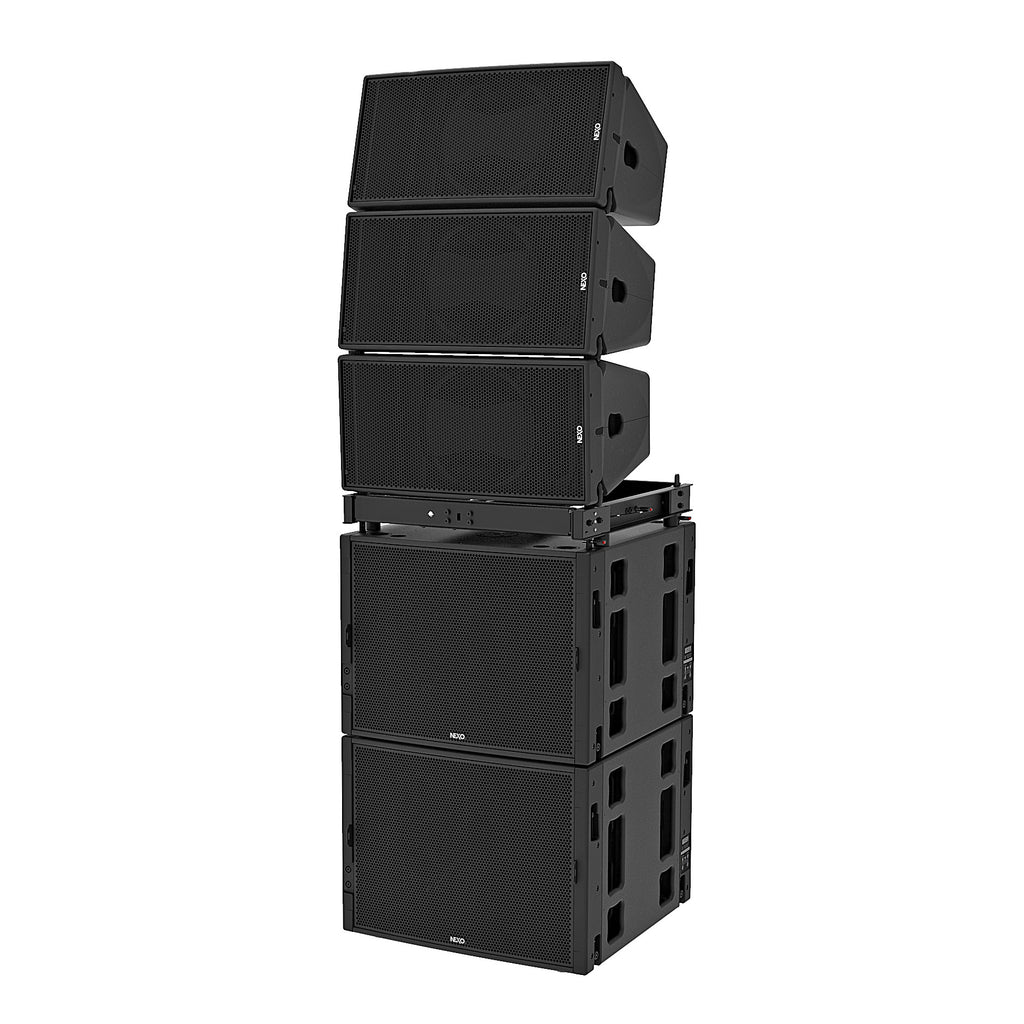 Three NEXO GEO M12 line array modules stacked on two MSUB18 subwoofers