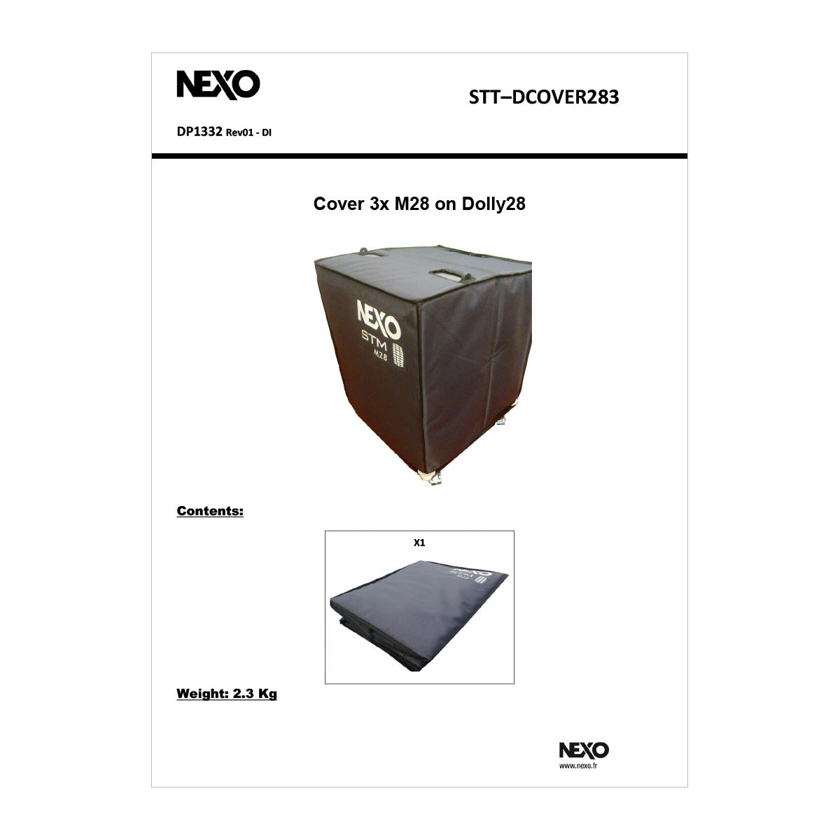 NEXO STT-DCOVER283 cover for three M28 on STT-DOLLY28, information sheet with photo