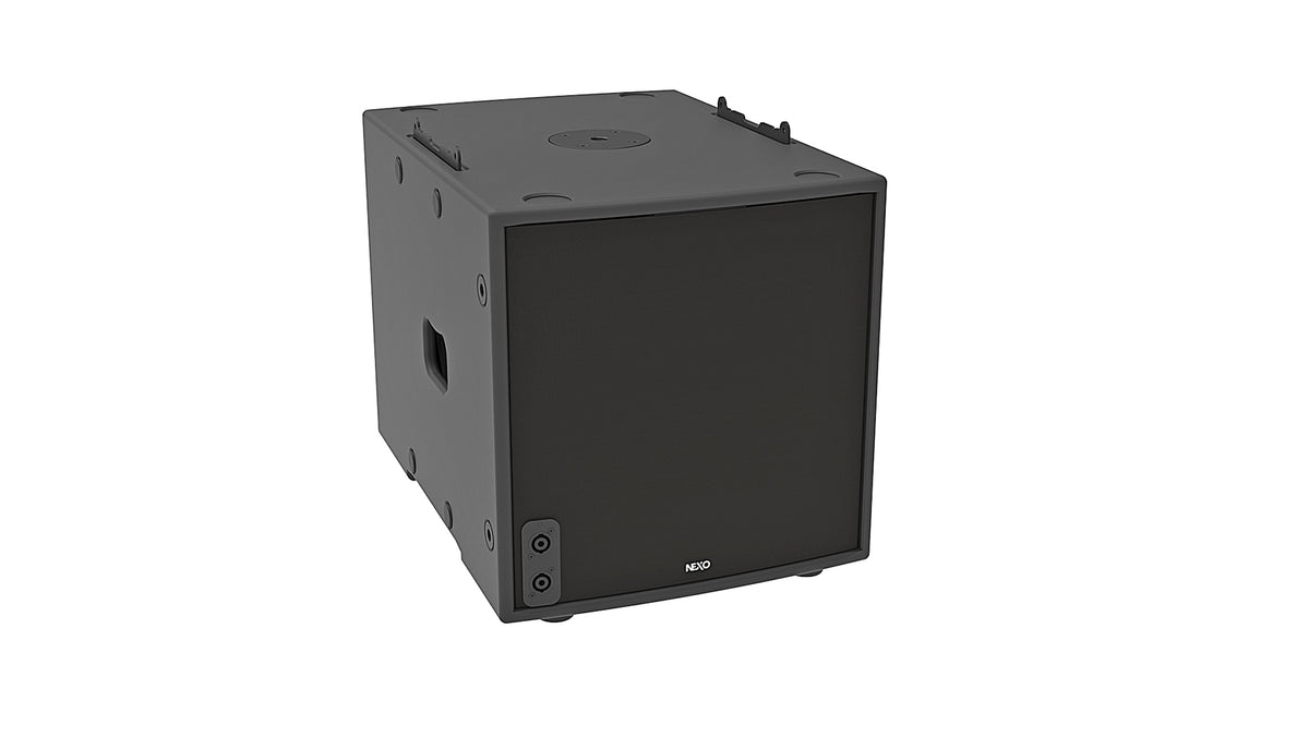 NEXO MSUB12 arrayable subwoofer in black, angled front view