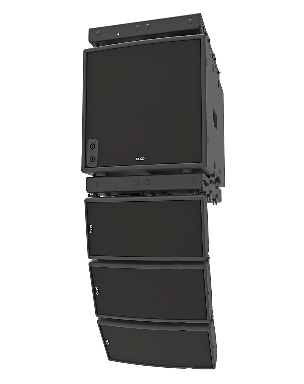 NEXO GEO M6 line array flown below an MSUB12 subwoofer