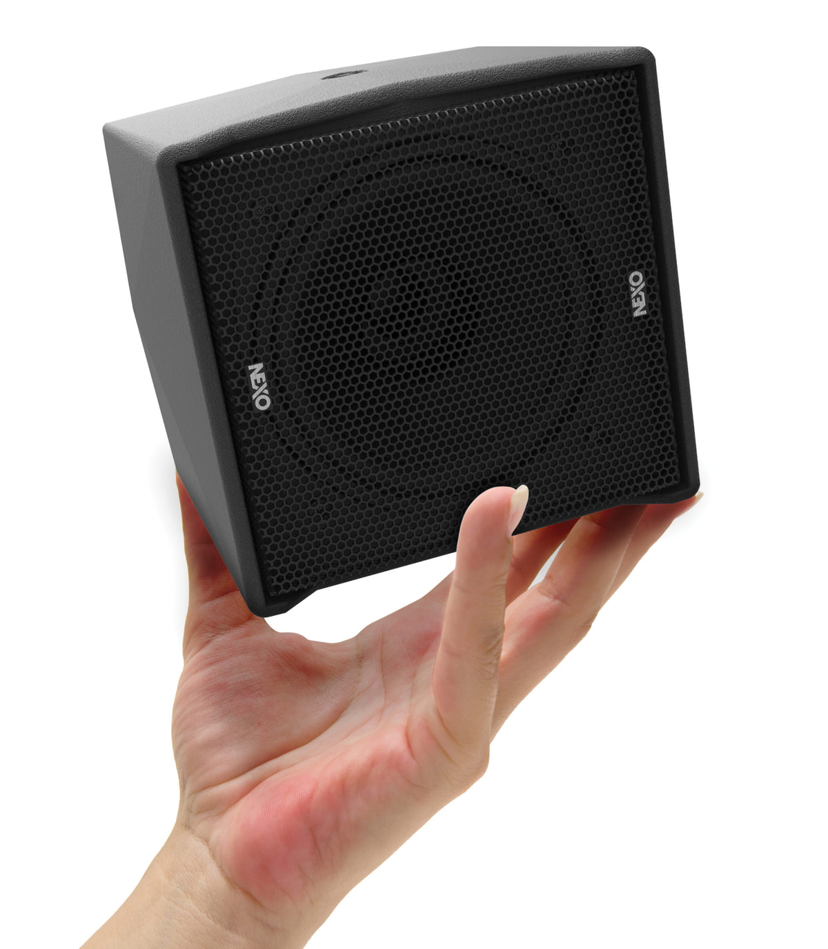 NEXO ID14 compact speaker held in one hand to show its size