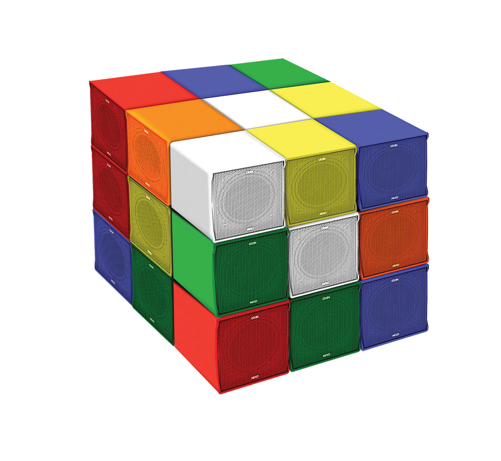 NEXO ID14 speakers stacked in a cube in many custom colours