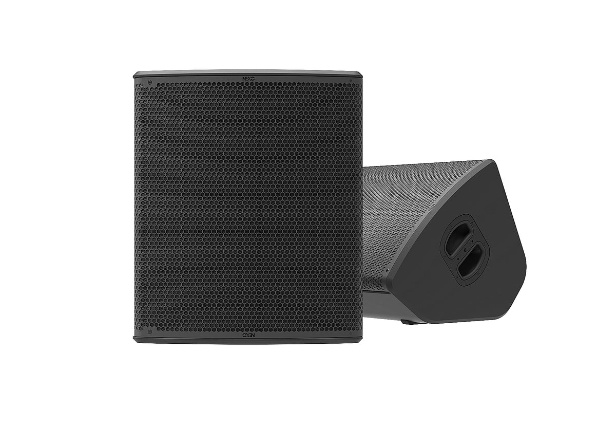 NEXO P18 point source speaker, close upright and floor monitor views