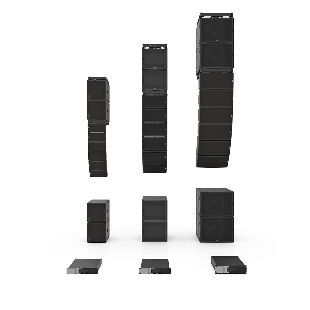 NEXO GEO M6, GEO M10 and GEO M12 line arrays with matching MSUB subwoofers and NXAMP amplifiers
