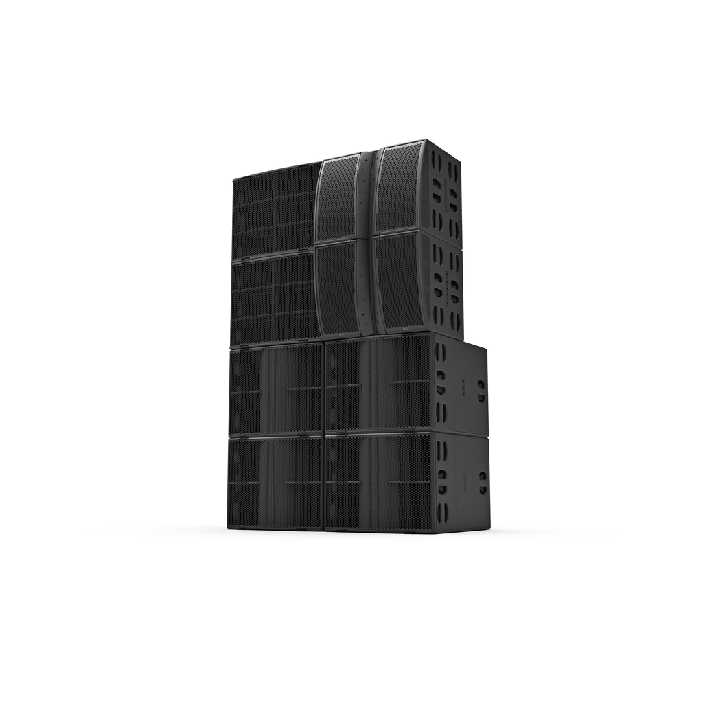 NEXO Alpha+ system as a two-column ground stack: M210 modules on top of bass cabinets