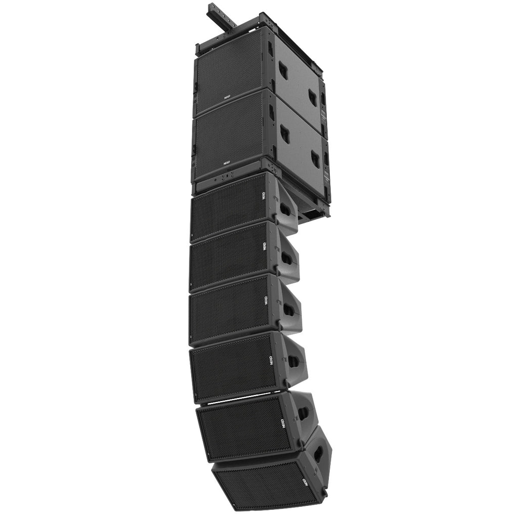 Flown NEXO GEO M10 line array, side view of the curved array