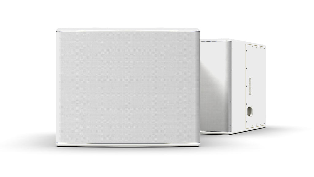 NEXO L18 compact horn-loaded subwoofer in white, front and angled views