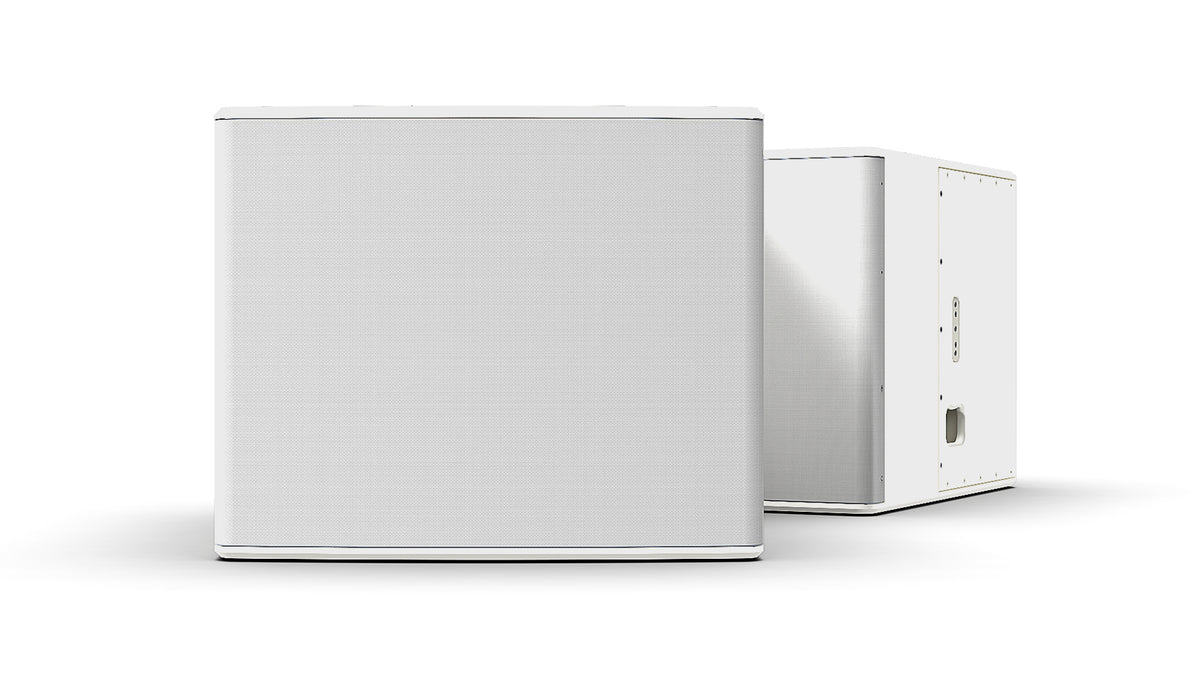 NEXO L18 compact horn-loaded subwoofer in white, front and angled views