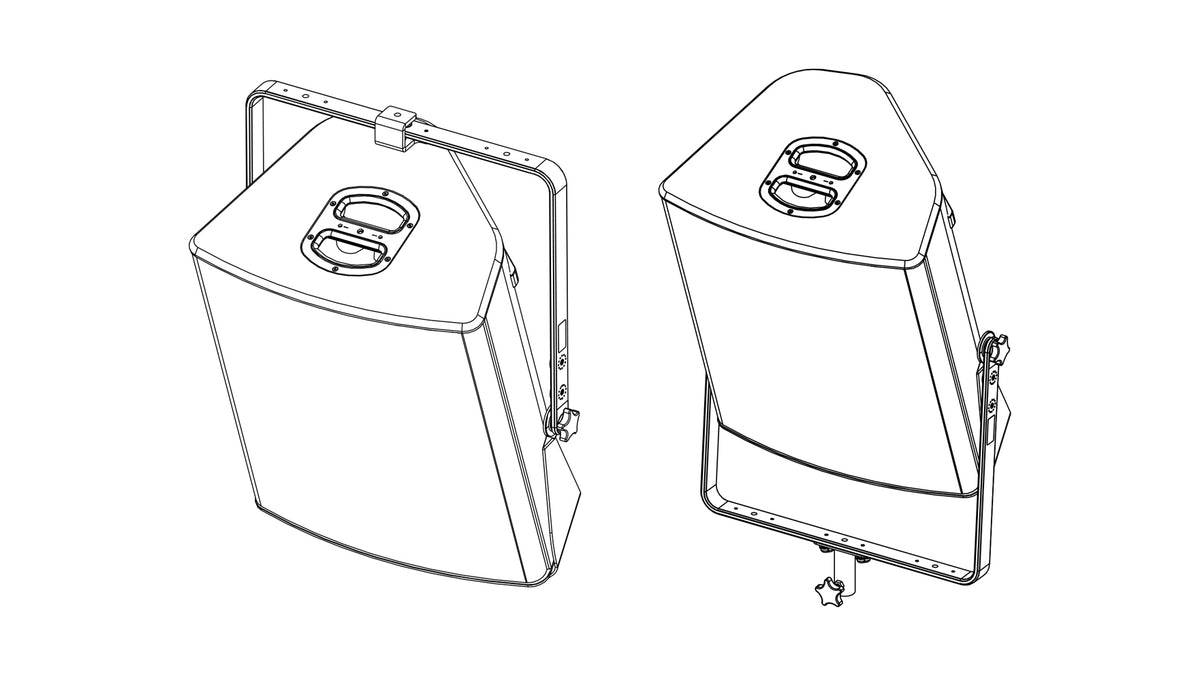 NEXO PNU-VBRK18 vertical bracket holding a P18, two views, line drawing
