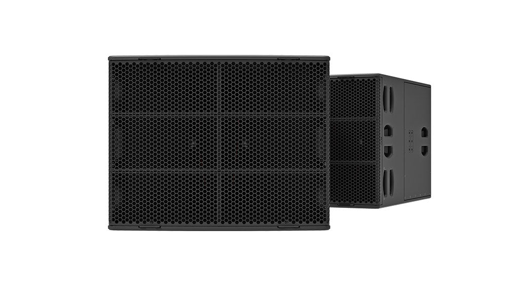 NEXO Alpha+ B218 horn-loaded bass cabinet, front and angled views on white