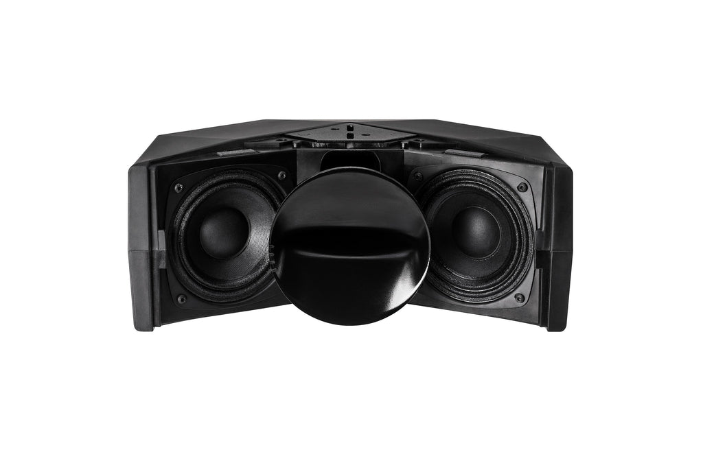 NEXO ID24 without grille, showing the two woofers and the rotatable horn set horizontally