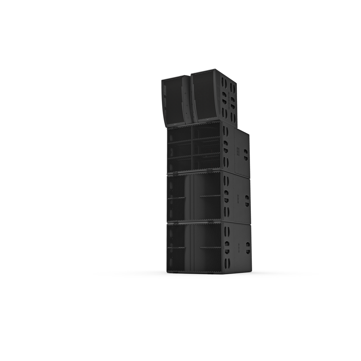 NEXO Alpha+ system as a single-column ground stack: M210 modules on top of bass cabinets