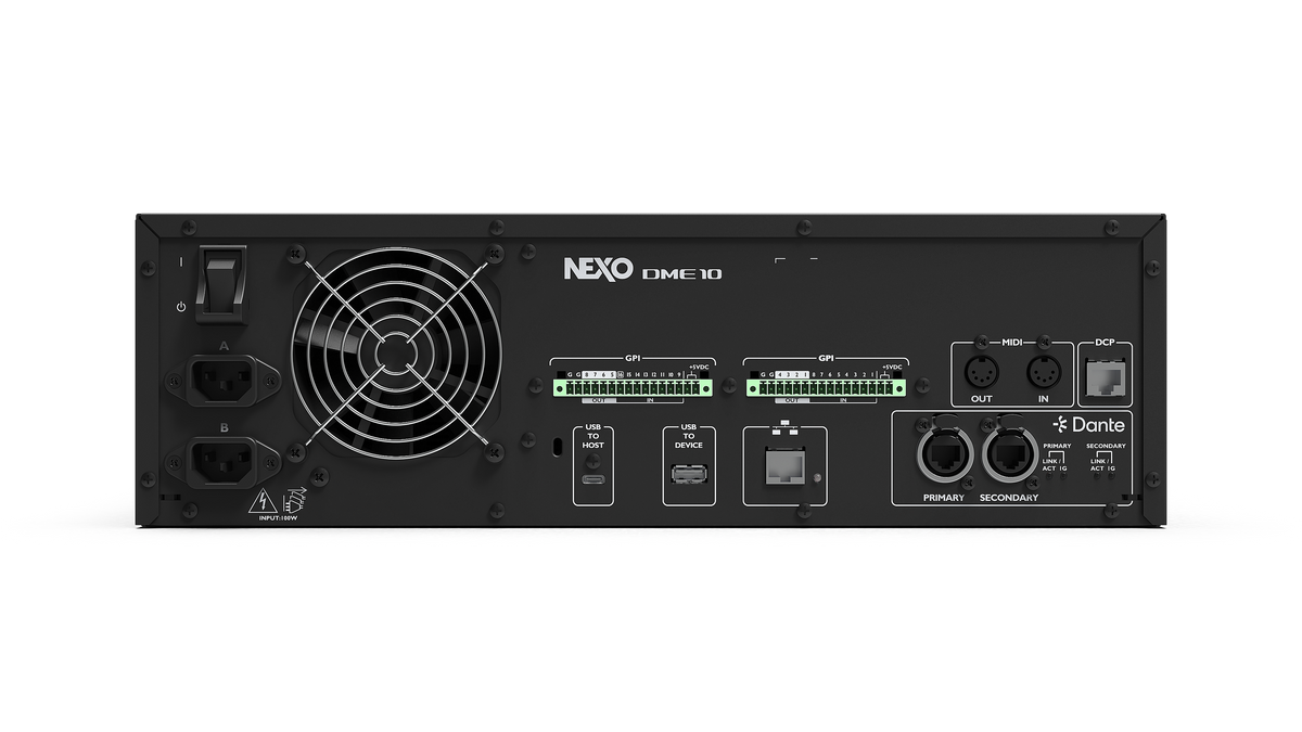 NEXO DME10 signal processor, rear panel with fan, I/O terminals and network ports