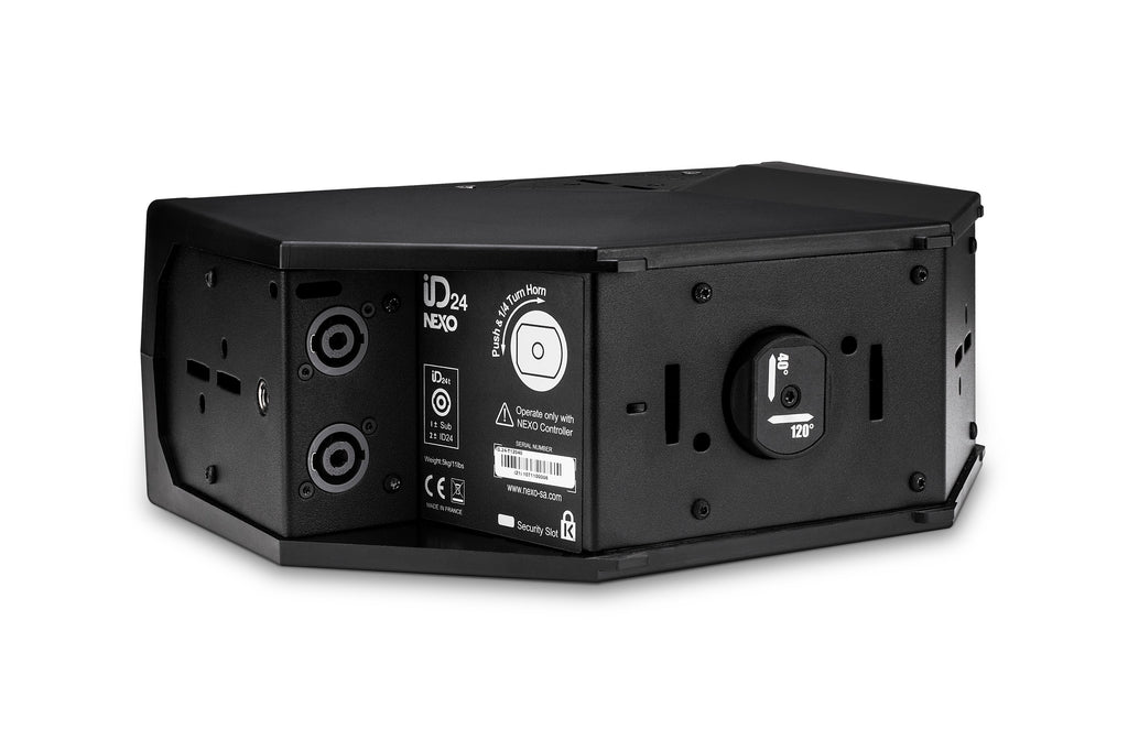 NEXO ID24 compact speaker, touring version in black, rear view with connectors