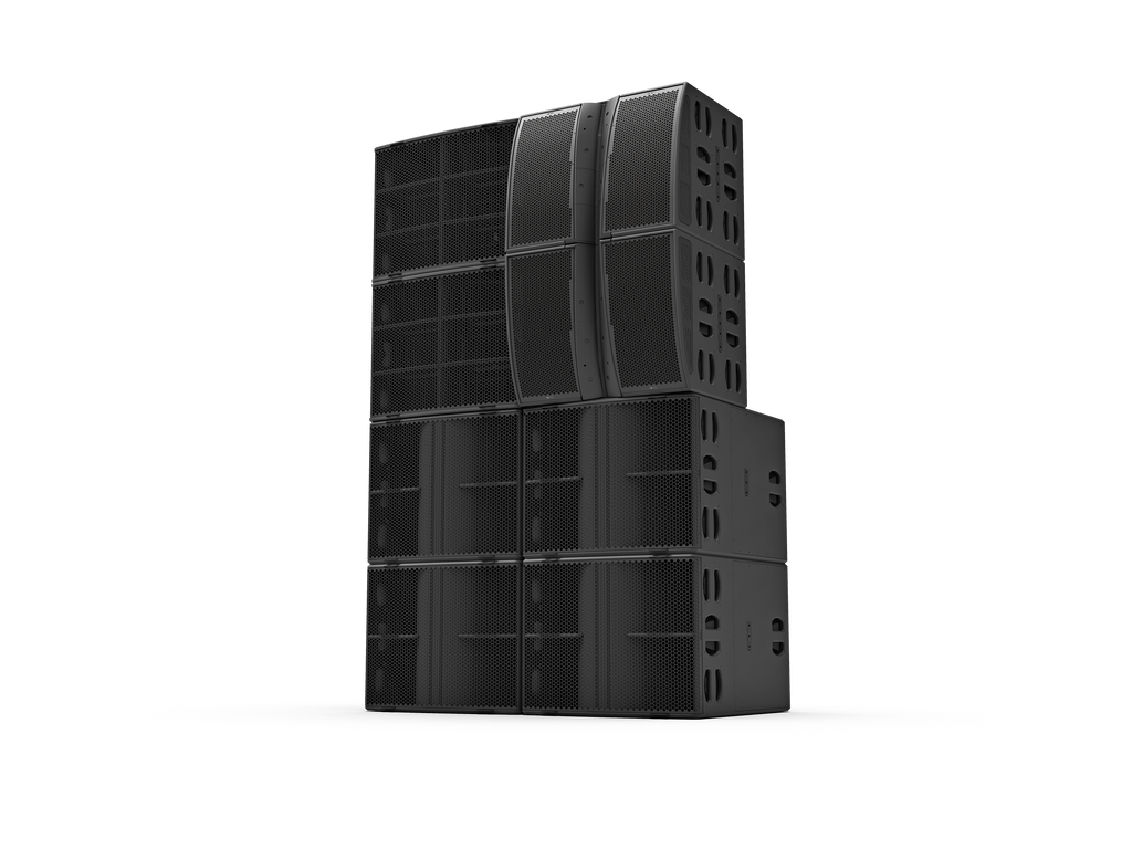 NEXO Alpha+ system as a two-column ground stack: M210 modules on top of bass cabinets