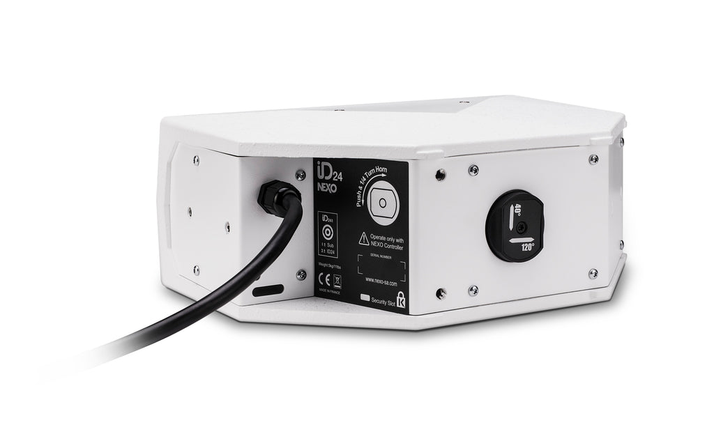 NEXO ID24 compact speaker, installation version in white, rear view with cable gland