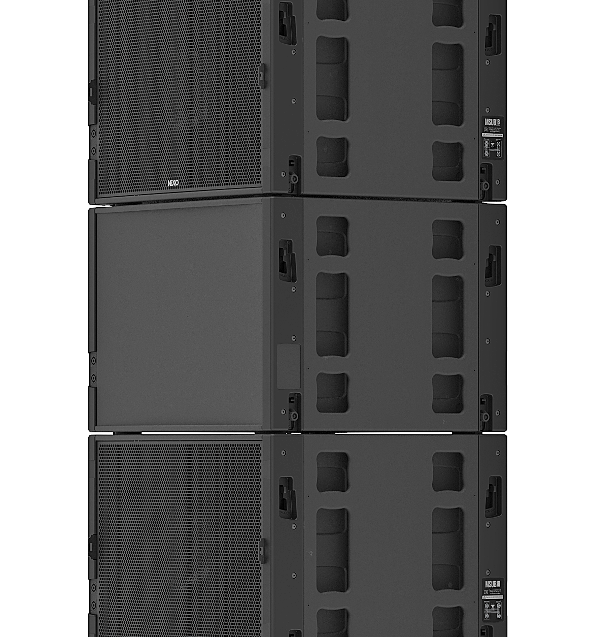 Three NEXO MSUB18 subwoofers stacked in a cardioid configuration