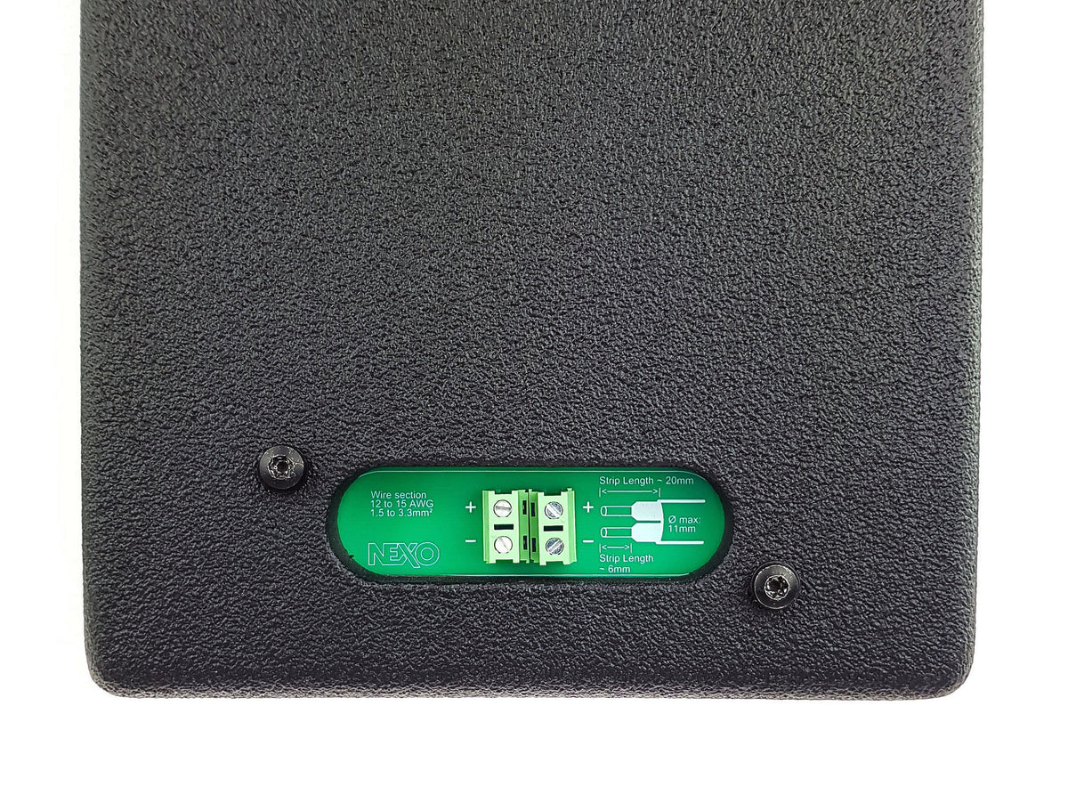 Close-up of the NEXO ePS/eLS rear connection plate with screw terminals, IP cover removed