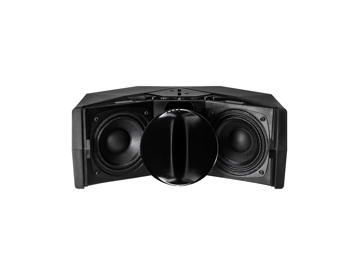 NEXO ID24 without grille, showing the two woofers and the rotatable horn set vertically