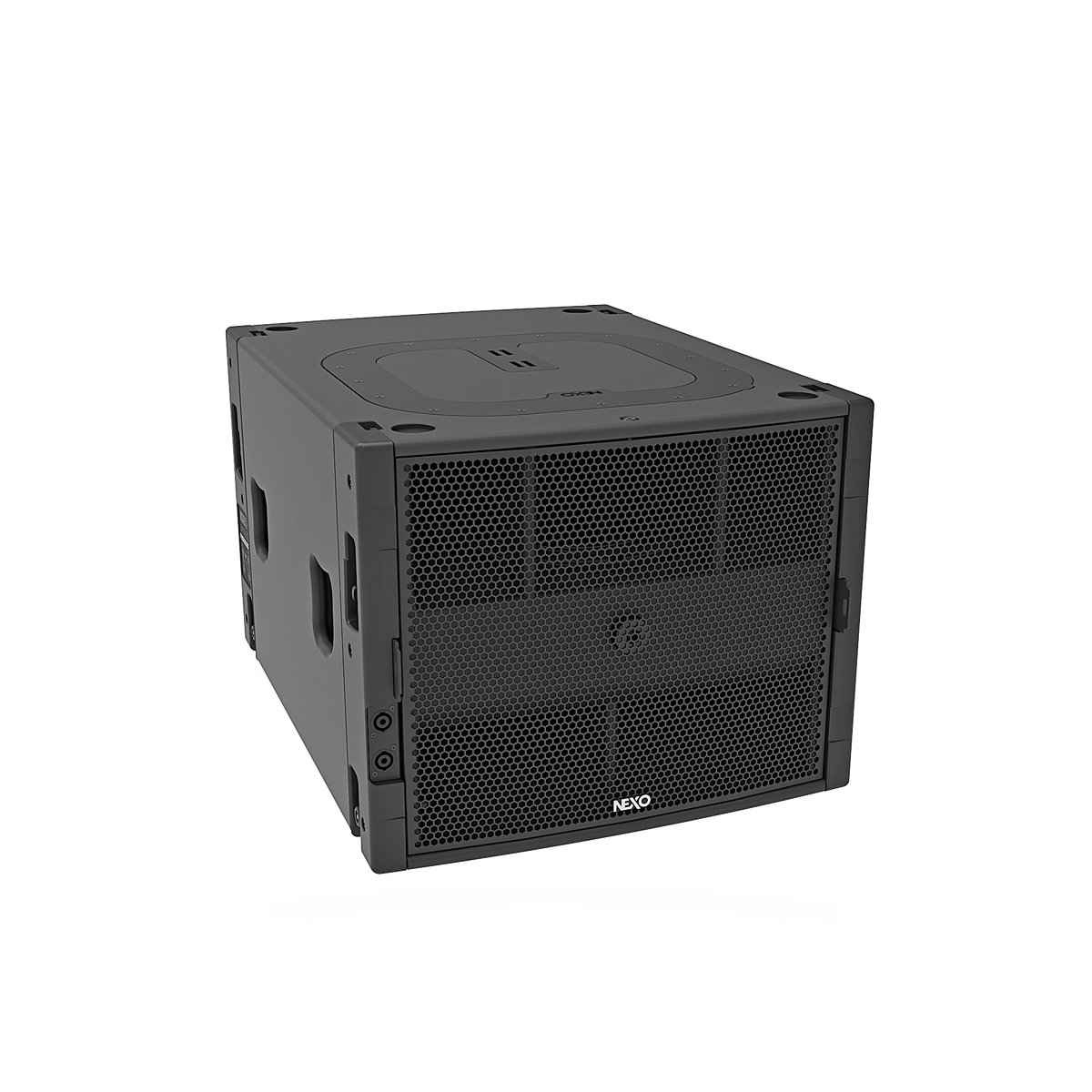 NEXO MSUB15 arrayable subwoofer, angled view on grey