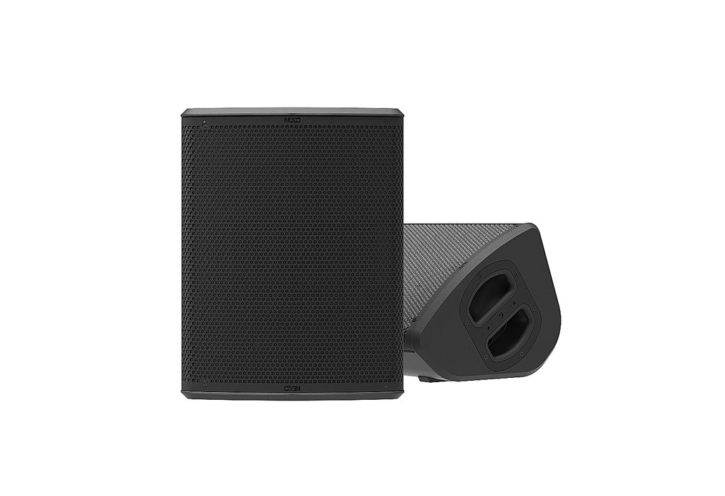 NEXO P10 point source speaker, close upright and floor monitor views