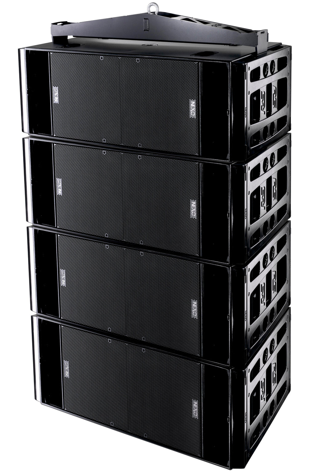 Four NEXO RS18 subwoofers flown in a column from a bumper