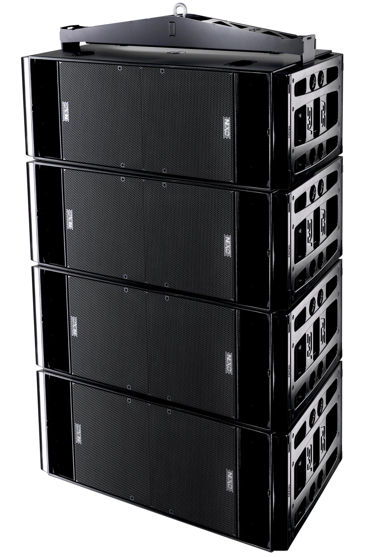Four NEXO RS18 subwoofers flown in a column from a bumper