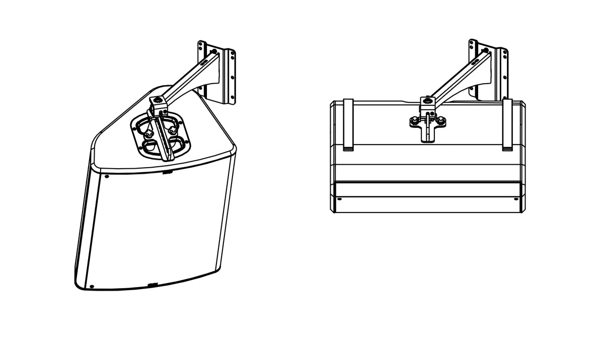 NEXO VNI-WM380 hanging bracket holding a speaker upright and horizontally, line drawing
