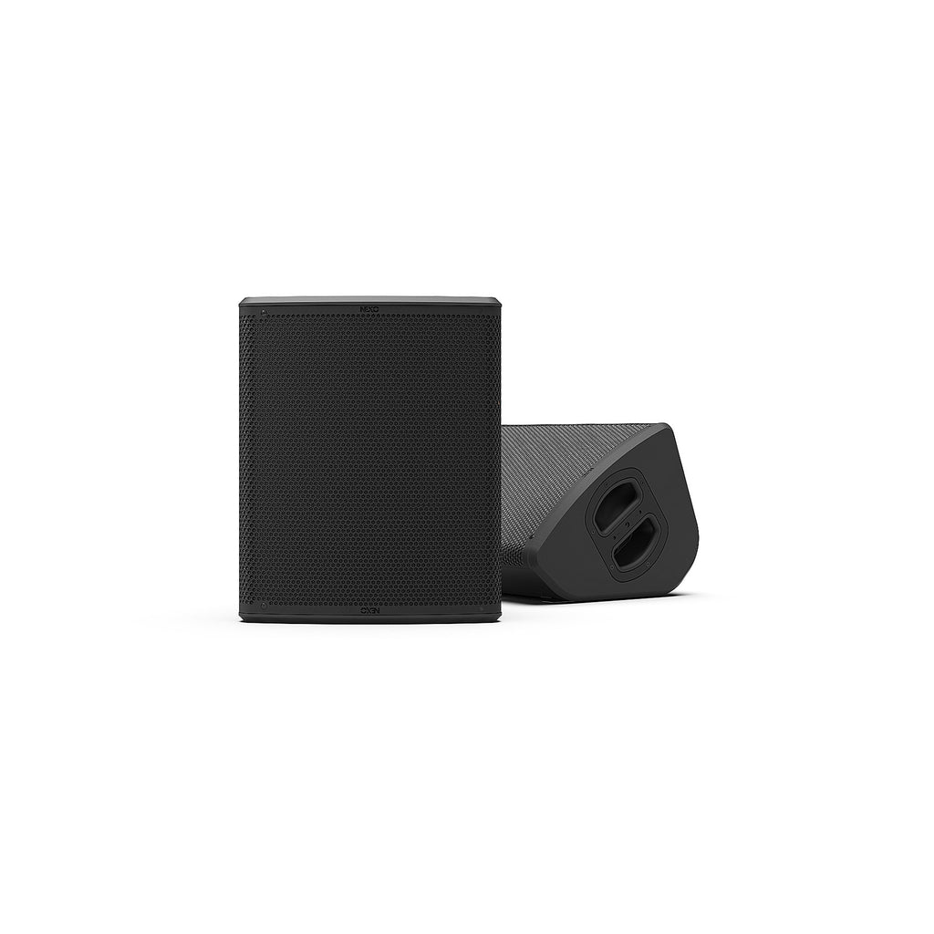 NEXO P12 point source speaker in black, upright and as a floor monitor