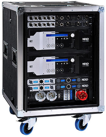 NEXO NUAR universal amplifier rack with NXAMP controllers in a wheeled rack case