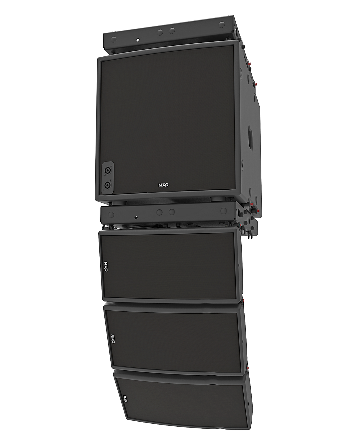 NEXO GEO M6 line array flown below an MSUB12 subwoofer