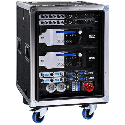 NEXO NUAR universal amplifier rack with NXAMP controllers in a wheeled rack case