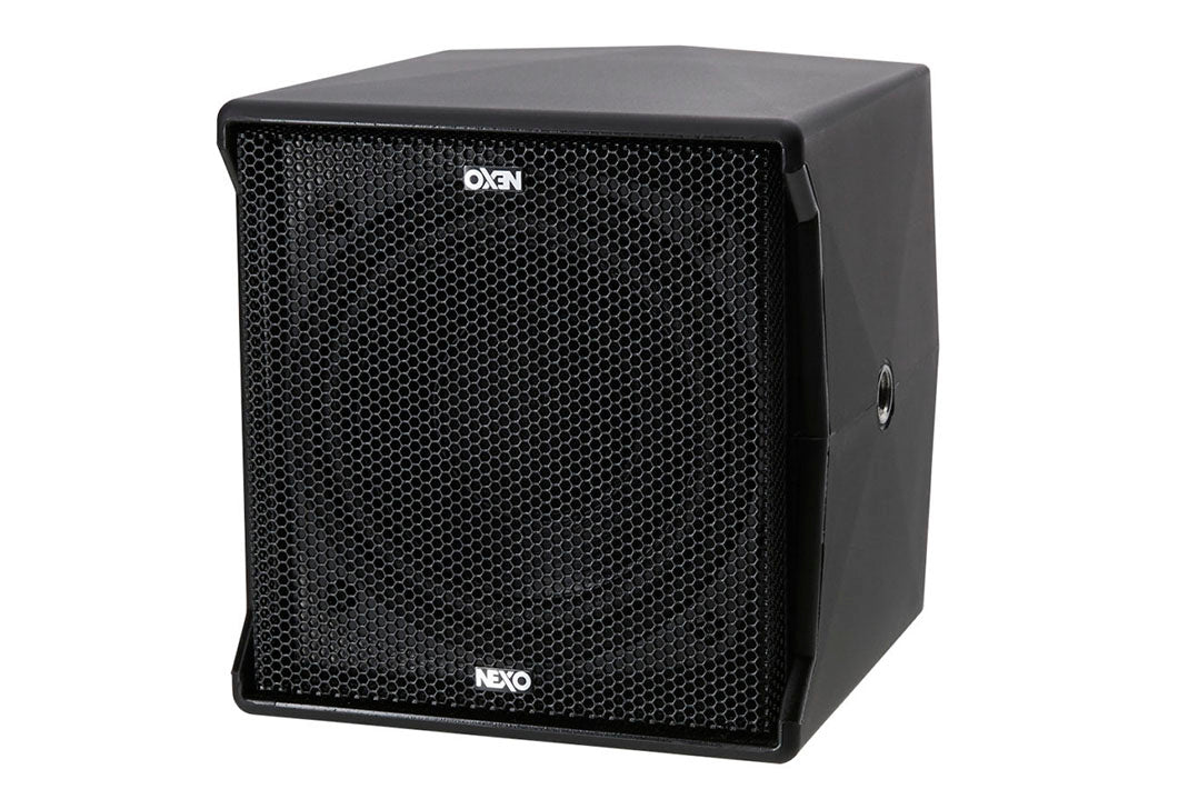 NEXO ID14 compact speaker, touring version in black, angled front view