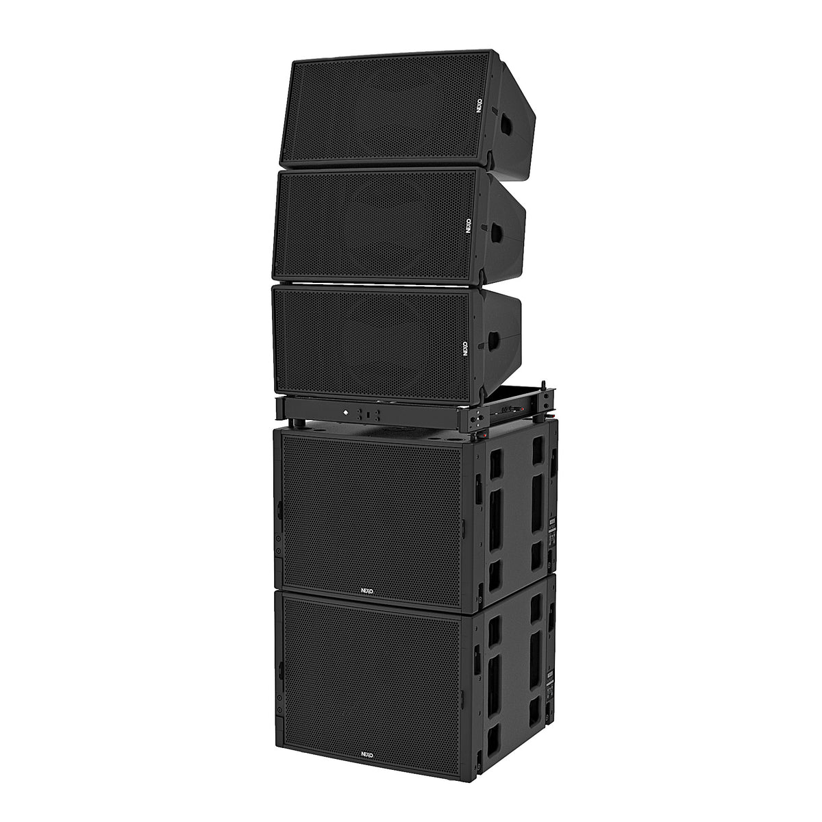 Three NEXO GEO M12 line array modules stacked on two MSUB18 subwoofers