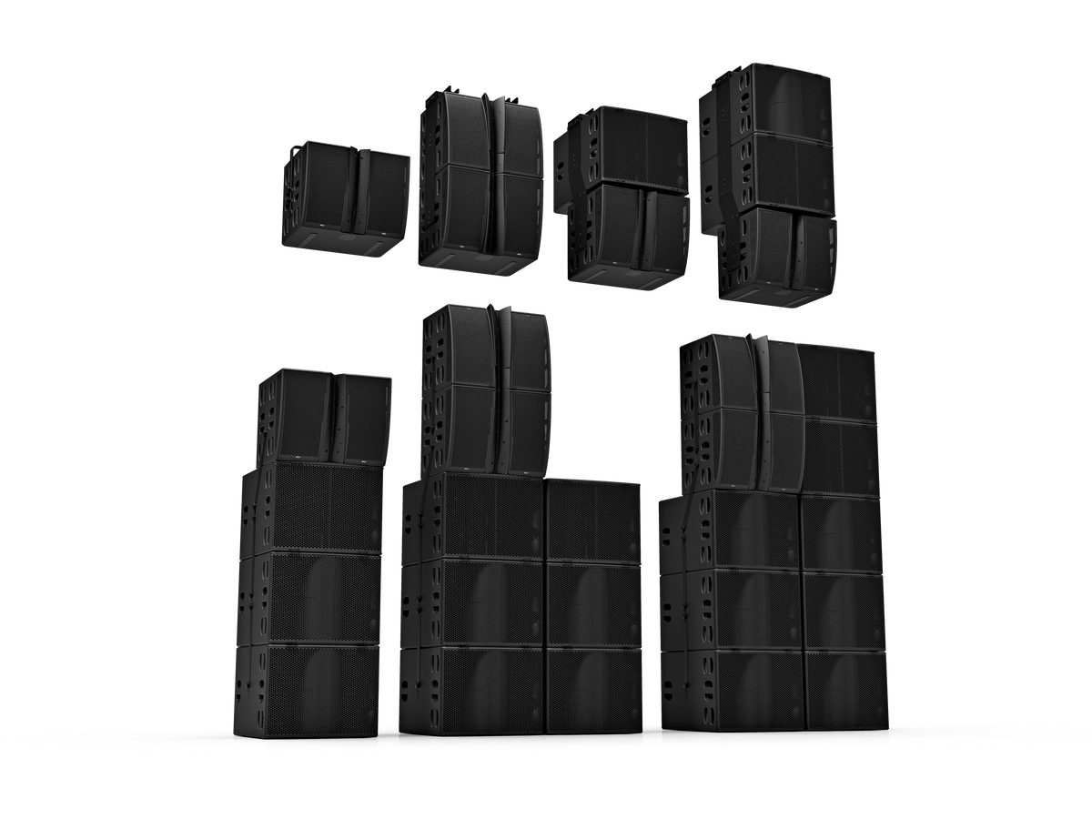 NEXO Alpha+ system family: M210 modules with B218 and L20 bass cabinets in several stack configurations