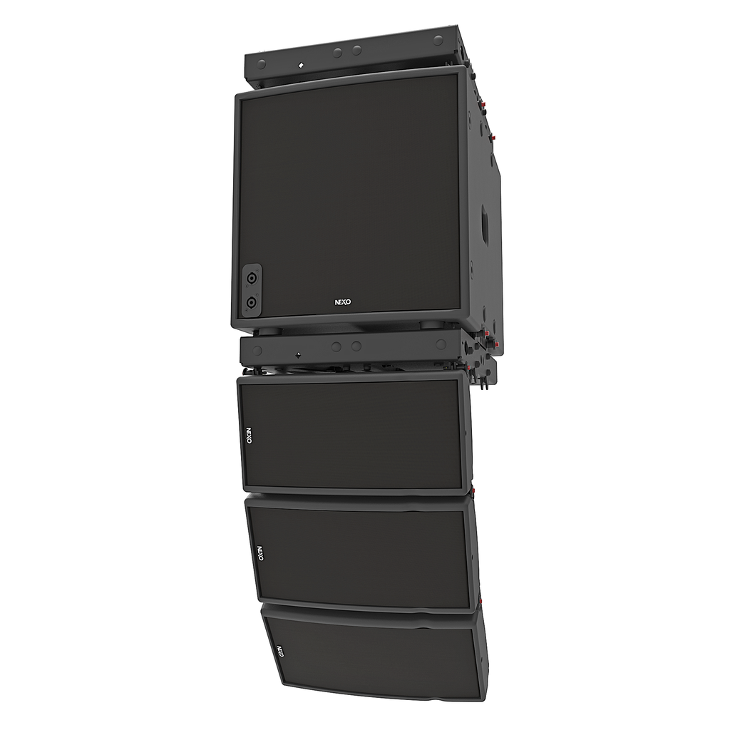 NEXO GEO M6 line array flown below an MSUB12 subwoofer