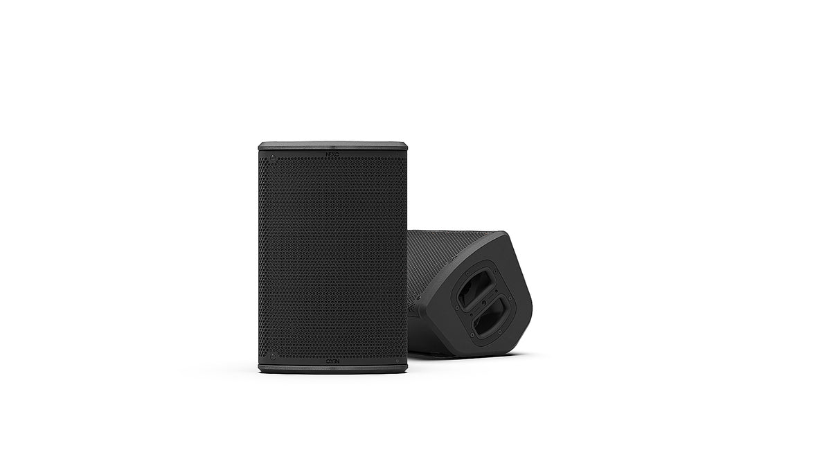NEXO P8 point source speaker in black, upright and as a floor monitor