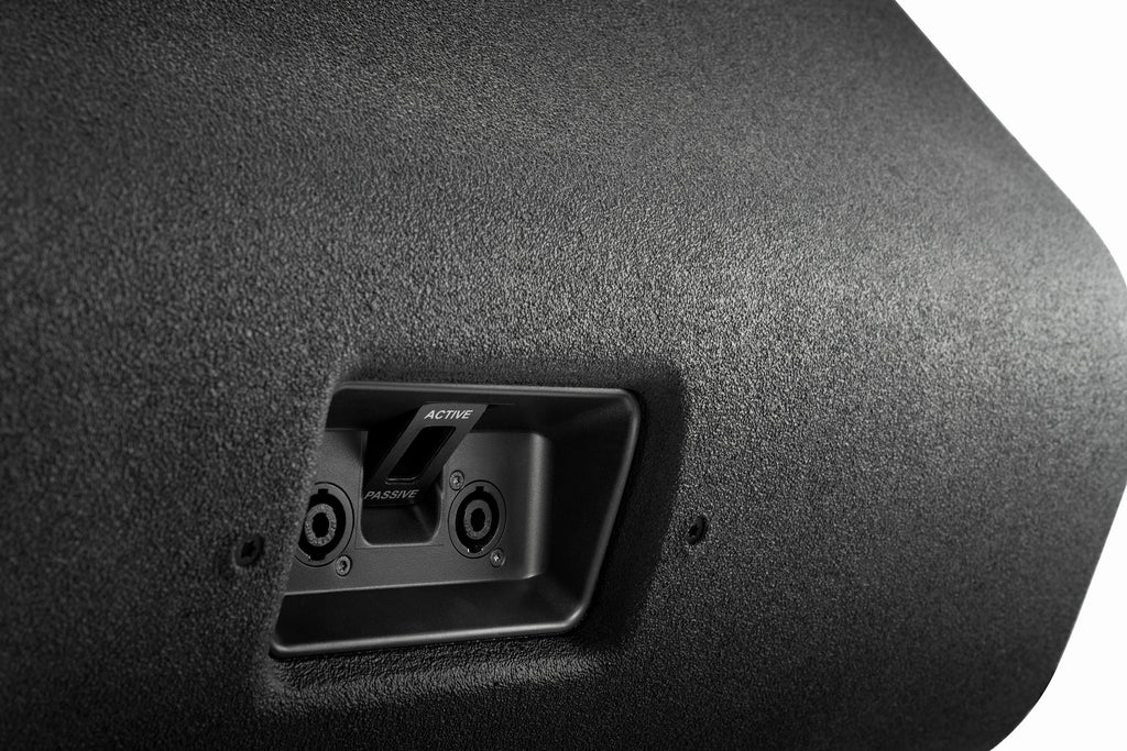 Close-up of the recessed connector panel on the NEXO P18