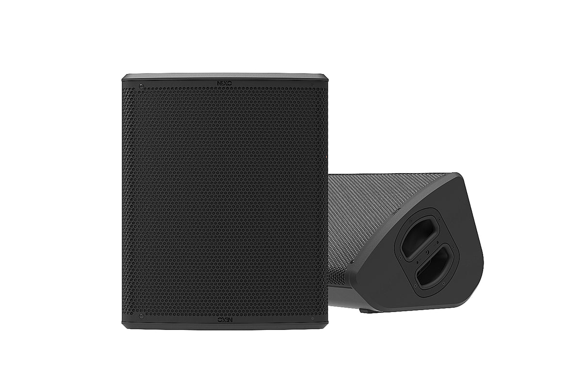 NEXO P12 point source speaker, close upright and floor monitor views