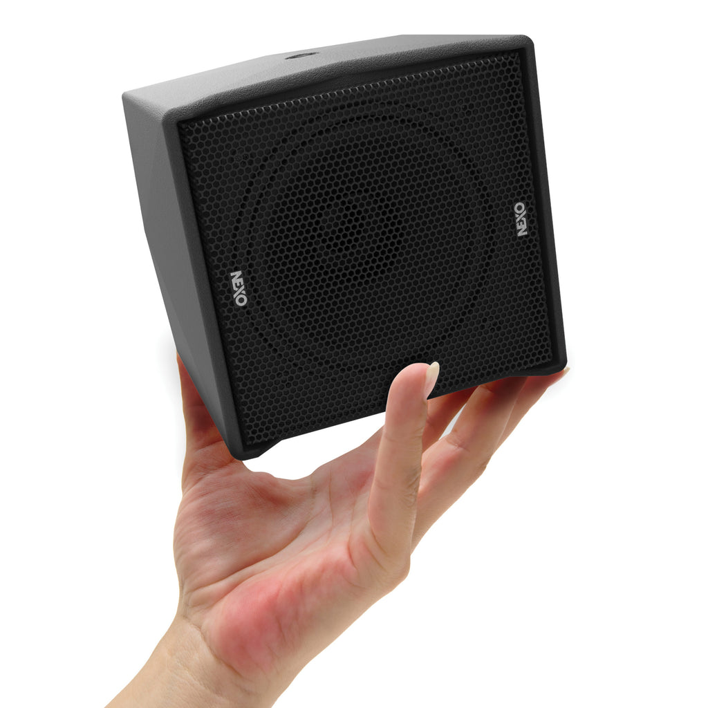 NEXO ID14 compact speaker held in one hand to show its size