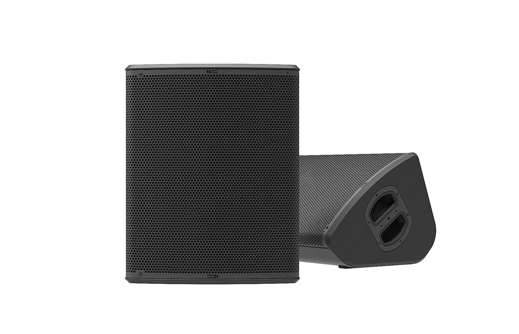 NEXO P15 point source speaker, close upright and floor monitor views