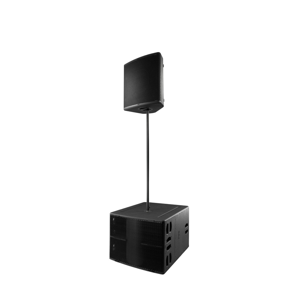 NEXO P18 on a pole above an L20 subwoofer, angled view