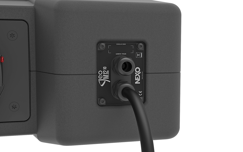Close-up of the NEXO GEO M12 installation connector plate with cable gland